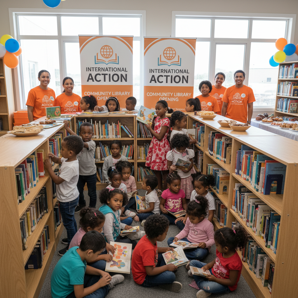 Freiwillige von International Action bei der Arbeit mit Kindern in einem Bildungsprojekt